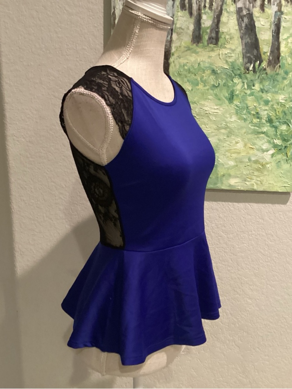 Royal Blue Peplum Top with Black Lace Sides